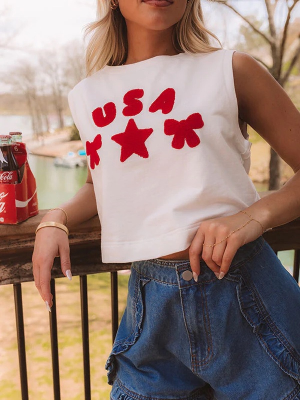 NWT. Will fit a M Peach Love White Cropped Tank w/Red USA & Star Appliqués